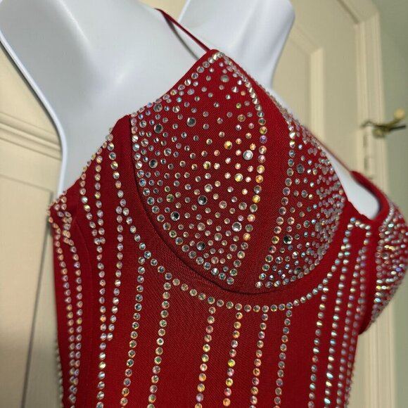 Akira Late Night Look Midi Rhinestone Mesh Dress - Red (XS) Brand New With Tags - Picture 2 of 11